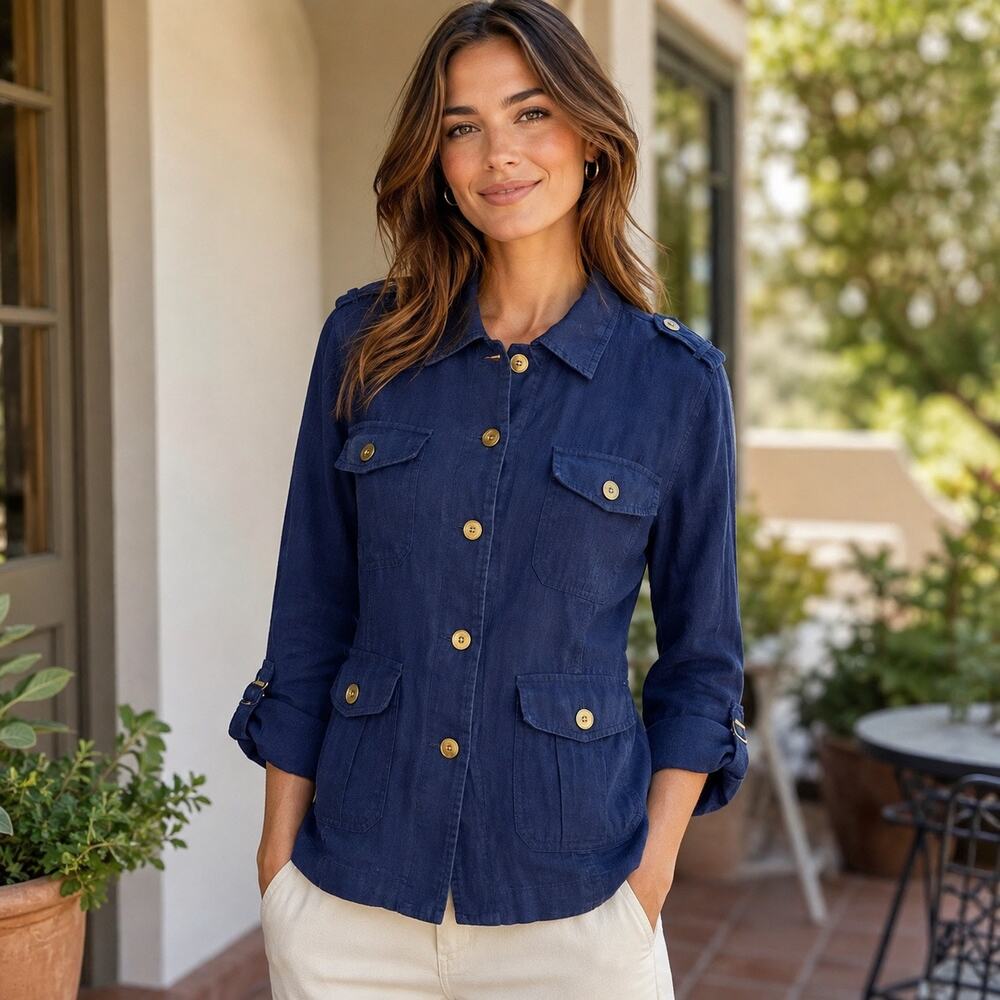Lucky Brand Linen Safari Jacket Women M Blue Utility Military 4 Pocket Belted
